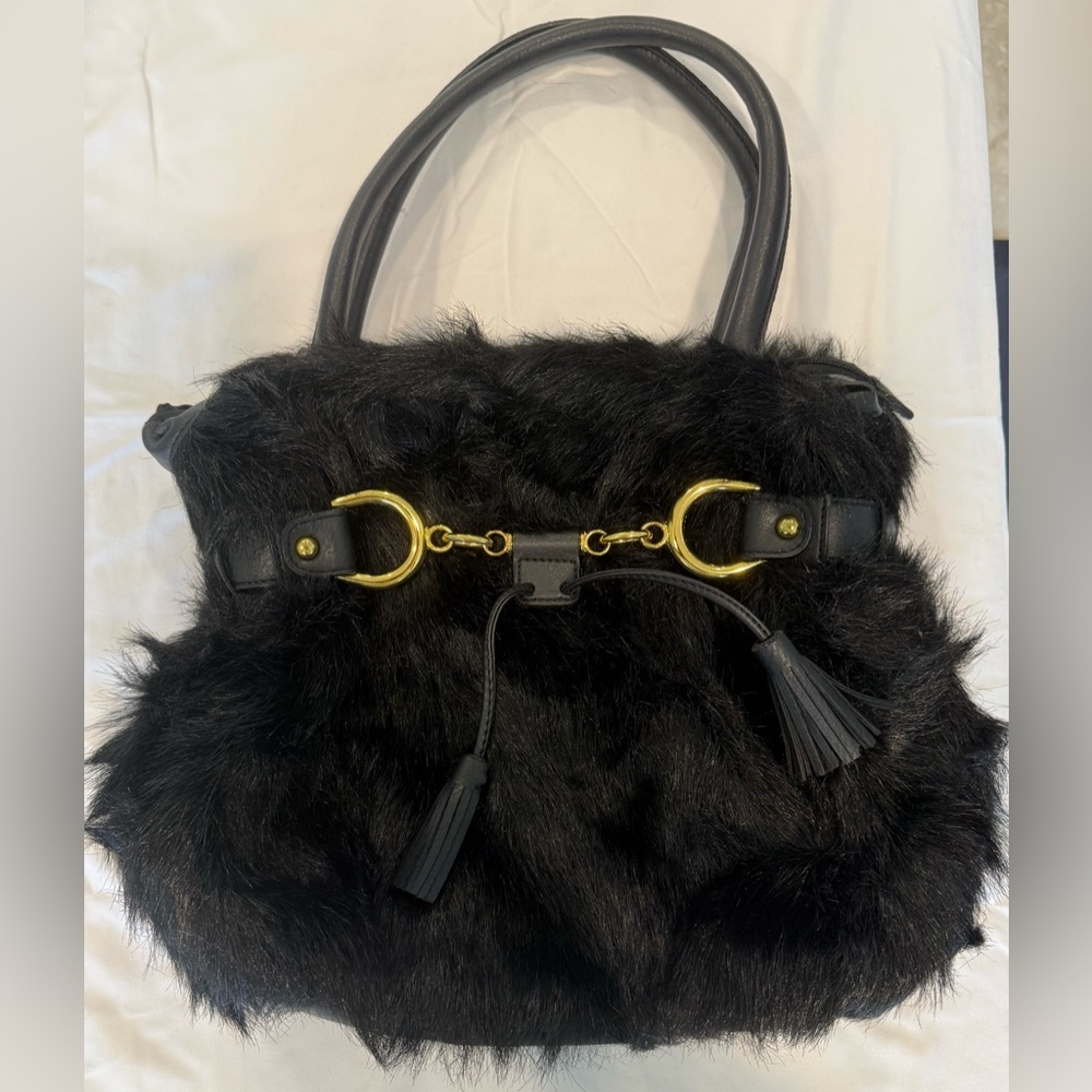 Black Faux Fur Handbag with Gold Accents